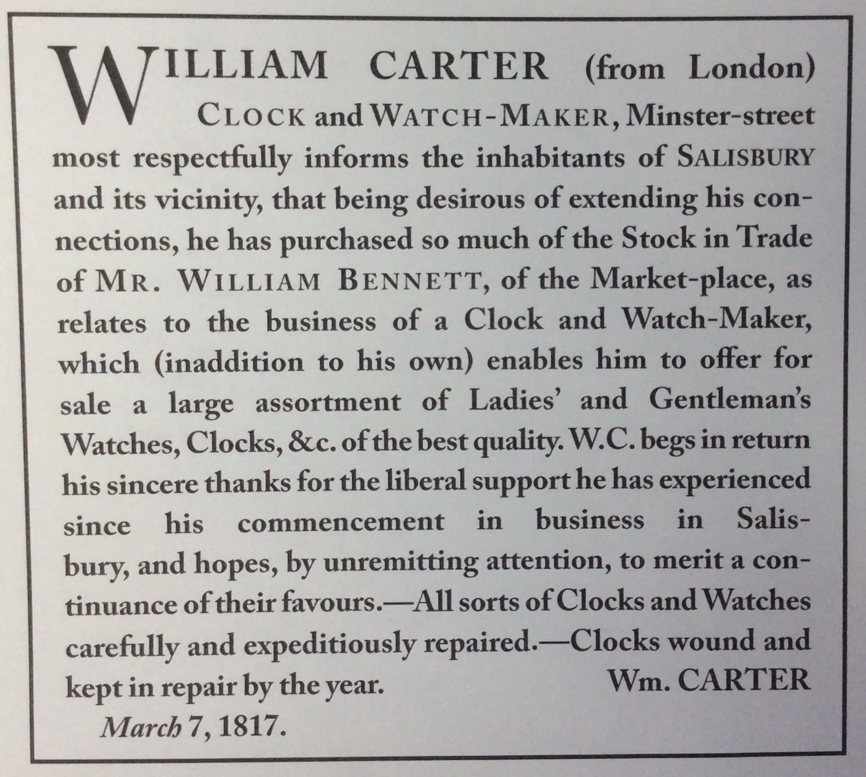 The original 1817 newspaper announcement by William Carter, clock and watch maker of Minster Street, Salisbury