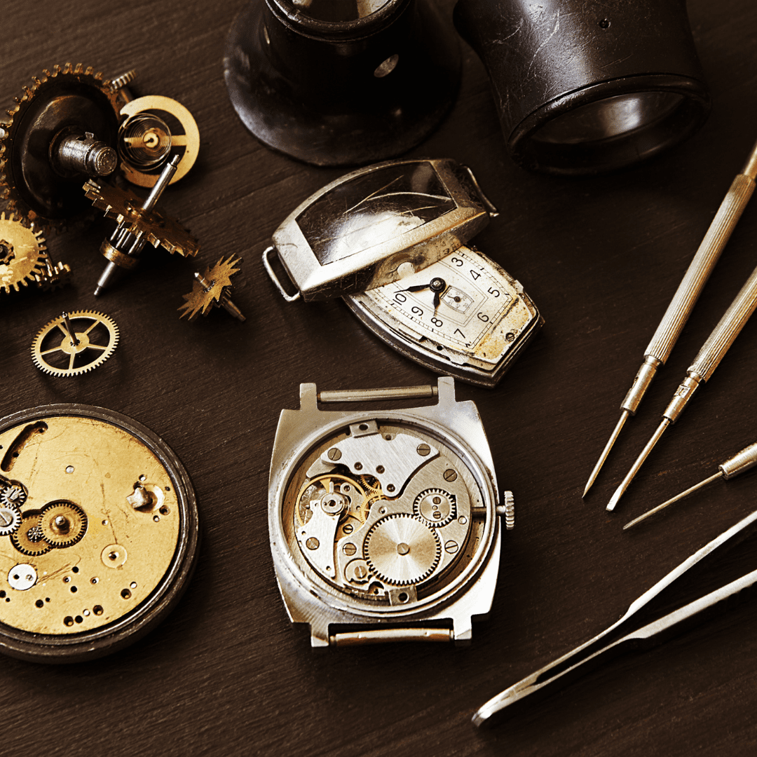 Mechanical watch movements serviced and regulated by hand.